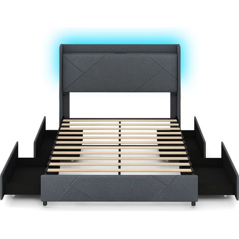 COSTWAY King Size 5FT Bed Frame Upholstered Platform Bed with LED Lights