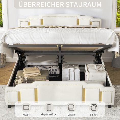 Lit hydraulique 160x200 cm, revêtement velours beige, sommier coffre relevable, tête et pied de lit avec liseré doré, design exclusif pour chambre moderne (1/5)