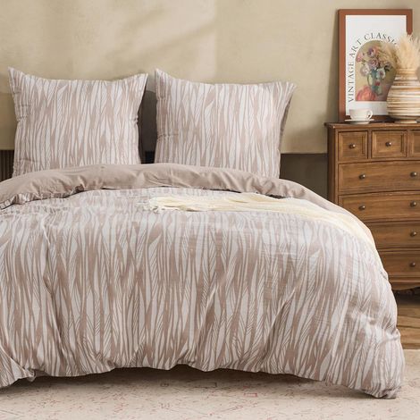 Bettwäsche-Set 135x200cm Baumwolle Blatt Gestreift Modern Beige 2-teilig