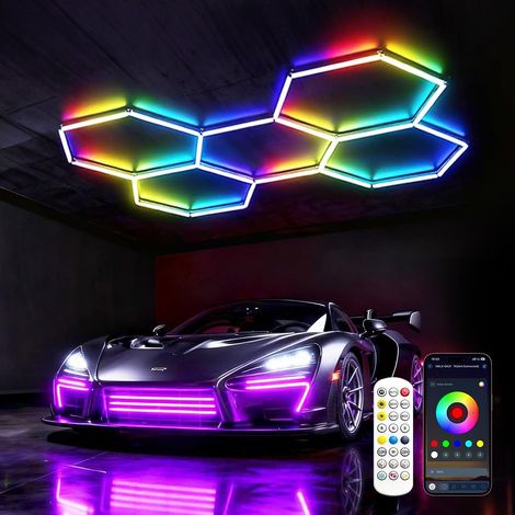 LED Éclairage Hexagonal 216W Smart Music Sync Deco RGB Lights App&Télécommande Contrôle Hexagon Garage Lumière pour Garage, Atelier, Entrepôt, Sous-Sol, Salle de Sport