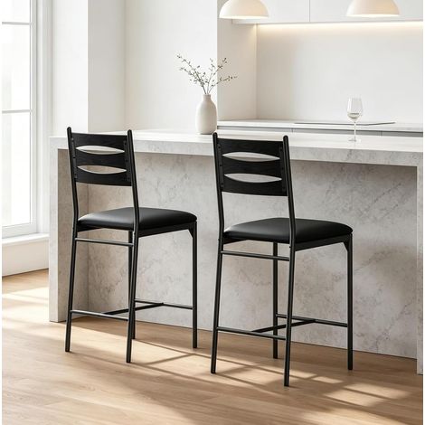 Lot de 2 Tabourets de Bar Hauteur Comptoir avec Dossier, Assise Rembourrée en PU, Structure Bois et Métal Marron pour Cuisine, Îlot et Salle à Manger, Noir (1/5)