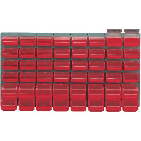 Panneau mural équipé de 32 bacs 0,3L et 16 bacs 1L rouges avec couvercles pivotants - 5056059