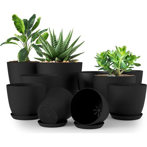 Lot de 10 pots de fleurs en plastique, diamètre 10/12/15/17/19 cm, noir (1/5)