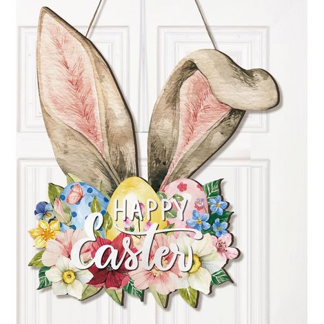 Cartello pasquale in legno per porta con orecchie di coniglio - 32 x 37 cm. Decorazione a ghirlanda pasquale per porta d'ingresso, primavera e negozio. (1/5)