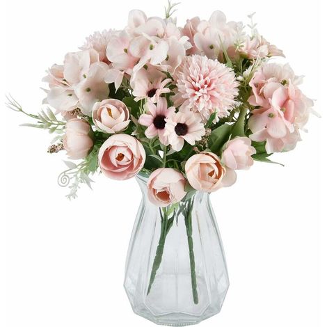 2 bouquets de fleurs artificielles roses (pivoines, hortensias, œillets) pour décoration de table et composition florale de mariage. KLB-AquaForge (1/5)