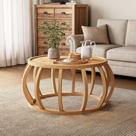 Couchtisch aus Massivholz, 80 cm Rund Wohnzimmertisch mit Gebogenem Rahmensockel für Wohnzimmer, Home Office, Industrie-Design, Natürlich