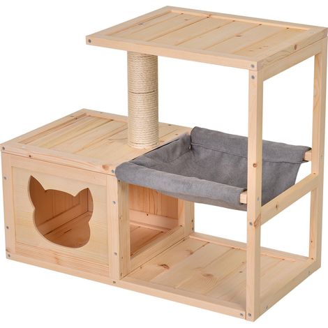 Arbre à chat en bois avec grotte, hamac, tronc sisal et plateforme 70x35x60 cm