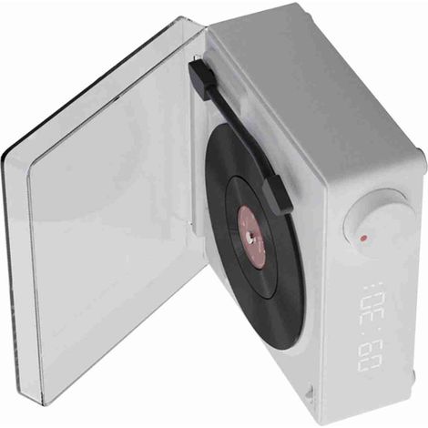 Réveil à disque vinyle rotatif avec haut-parleur rétro stéréo 360° et enceinte Bluetooth sans fil pour la maison, la chambre ou le bureau (blanc). (1/5)