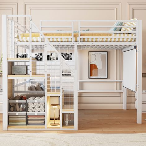 Lit superposé blanc 140x200 avec échelle sécurisée, structure en métal robuste et rangement intégré, pour enfant et adolescent, espace de couchage pratique (1/5)
