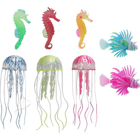 Lot de 8 décorations lumineuses artificielles flottantes pour aquarium : méduses et hippocampes. (1/5)