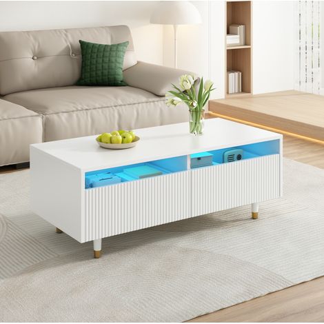 Table basse 110x50x40 cm blanche avec LED, 2 tiroirs, MDF et pieds en bois MEUBLIV (1/5)