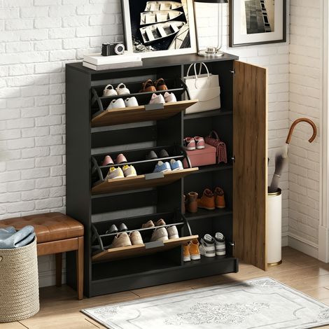 Meuble de rangement chaussures 130x100x30 cm MDF, 3 casiers rabattables + 1 porte, capacité 12 paires, charge 50 kg, étagère à chaussures entrée, finition chêne naturel et noir (1/5)