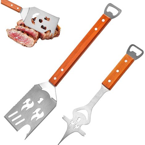 Set di utensili per barbecue 8 in 1, spatola per barbecue da 42 cm e forchetta da 33 cm, manico in acciaio inossidabile e legno con apribottiglie, per casa, campeggio e picnic (1/5)