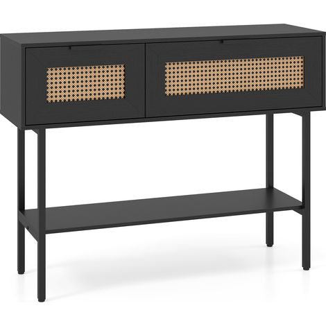 Rattan Console Table with Flip Doors and Open Storage Shelf-Black (1/5)