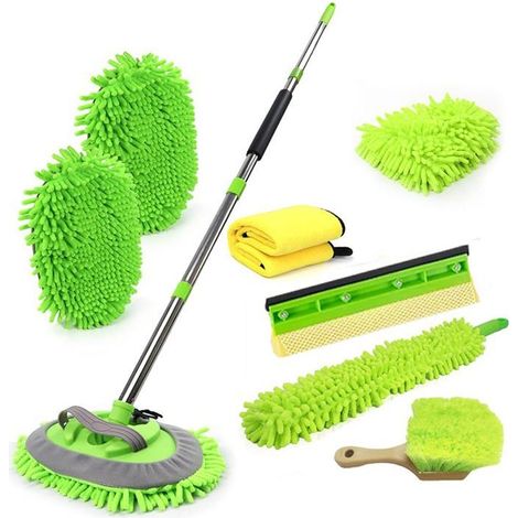 Kit Nettoyage Voiture Brosse Lavage, avec Manche Long 146cm/1 Têtes de Brosse /1 éponge de Raclette de Séchage de Voiture,Vert (1/4)