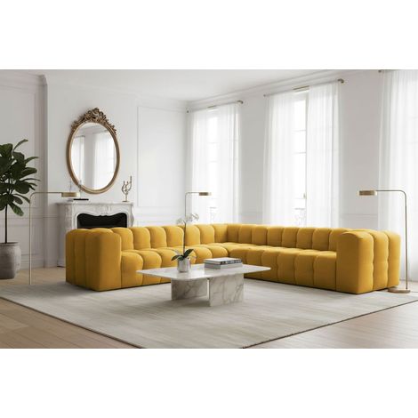 Ecksofa Designersofa SOLVIE in Stoff Tiffani Honiggelb Seite Universal
