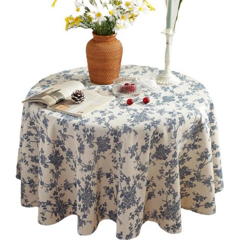 Nappe ronde vintage en coton et lin à motif floral bleu (120 cm). (1/4)