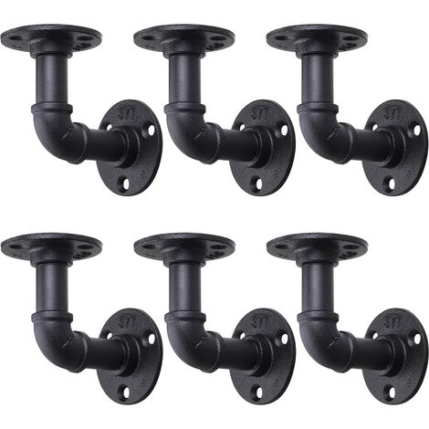 6 Pack Industrial Pipe Shelf Brackets   Black Floating Pipe Brackets with Screws, 10x10cm, for Scaffold Board Shelves (1/5)