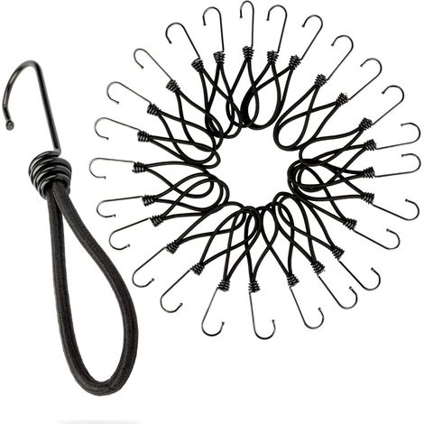 Cordes élastiques avec crochets - Lot de 25 x 18 cm - Cordes élastiques universelles avec clips - Sangle élastique à crochets ultra-résistante, idéale pour le camping (1/5)