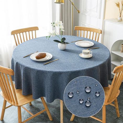 Nappe ronde 180cm bleu aspect lin hydrofuge résistant aux rayures lavable