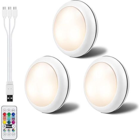 3 Veilleuses LED Rechargeables pour Armoire, télécommandée avec minuterie multicolore, veilleuse de chevet (1/5)