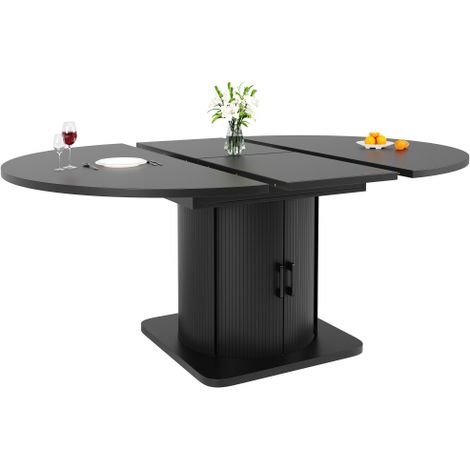 Table à manger extensible noire ronde avec caisson de rangement central dimensions 118-158cm hauteur76cm, table de repas modulable avec placard intégré pour salle à manger domestique (1/5)