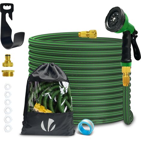 Tuyau d'Arrosage Extensible 15m Renforcé Adaptable 1/2" et 3/4" 10 Modes de Pulvérisation Flexible et Anti-Fuite Raccord et Sac de Rangement Fournis Vert (1/5)
