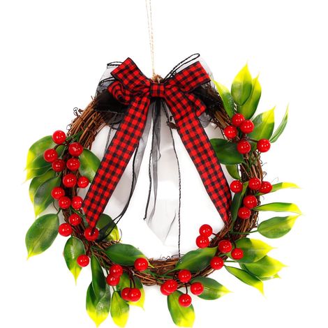 Guirlande En Rotin - Couronne De Noël Avec Baies Rouges Et Feuilles Vertes - Décoration Porte Mur Arbre - 32 Cm - 1 Pièce (1/5)