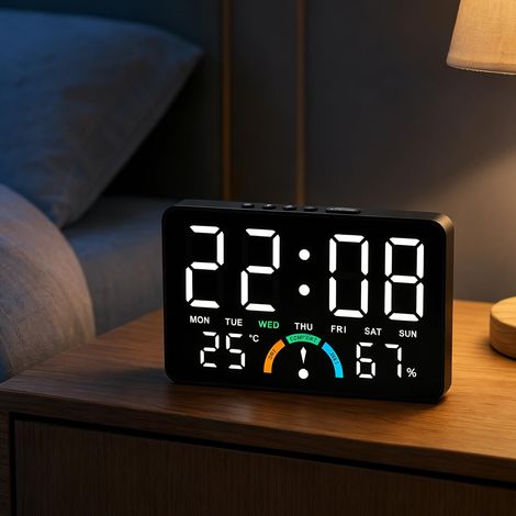 Réveil numérique avec lumière - Grande horloge numérique LED sans tic-tac - Réveil radio-piloté avec température, humidité et date - Alarme puissante pour les dormeurs profonds - Horloge de table (1/5)