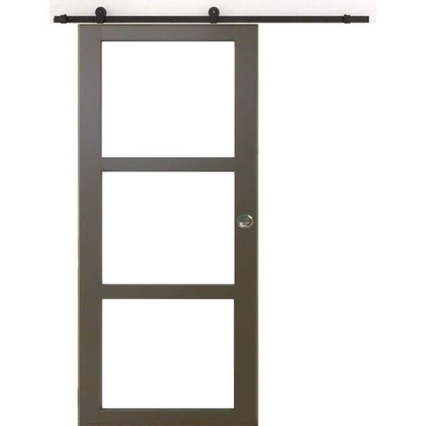 Porta scorrevole grigia beige con vetro trasparente H204 x L73 cm, binario con rotella, conchiglie Gd Menuserie