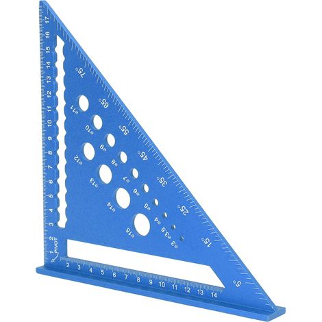 Règle triangulaire 7 pouces, équerre de charpente métrique 90°, rapporteur avec trous, outil de traçage en alliage d'aluminium pour bois, bleu (1/5)