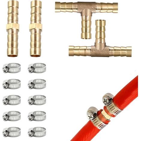 Connecteur Cannelé En Laiton, 2× 8mm Raccord De Tuyau En Laiton, 2× 10 mm - 3 Voies En Forme de T Raccord Gaz, 10 Colliers de Tuyau en Acier Inoxydable Pour L'eau, Le Carburant, L'air, Gazole (1/5)