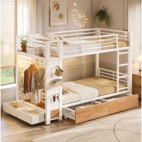 Litera 231.5x95.5x166 cm, 4 cajones, barra de luz LED, espacio para ropa, MDF y metal, blanco (1/5)