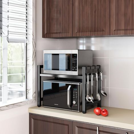 Ripiano estensibile per microonde a 2 livelli con 6 ganci, organizer da cucina, ripiano per microonde da forno per piano di lavoro, nero