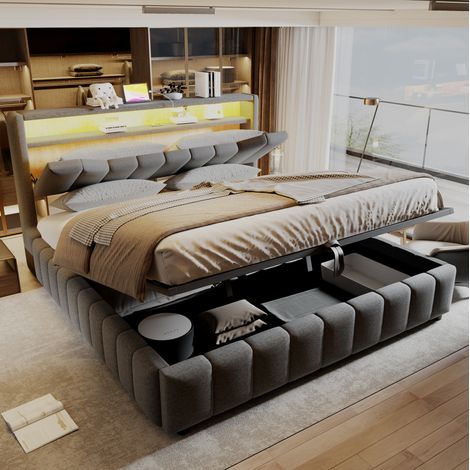 Letto matrimoniale contenitore 180x200 cm con LED, USB e USB-C, grigio HAVRYA (1/5)
