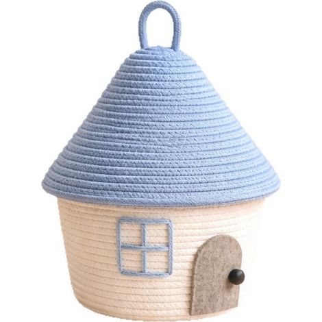 Panier de rangement tressé avec couvercle, design maison anti-poussière, rangement cosmétiques et petits objets, couleur bleu ciel et blanc (1/5)