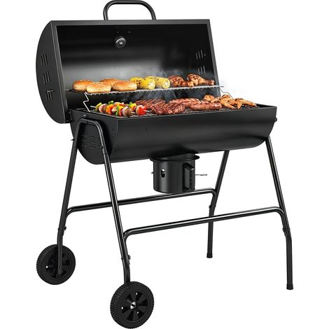 Barbacoa de leña con tapa, parrilla y termómetro, ruedas y asa, 95 x 71,5 x 102 cm, negra.