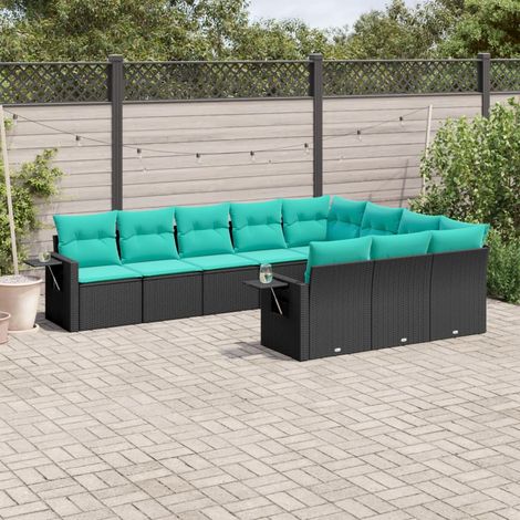 10-teiliges Gartensofa-Set mit Kissen, schwarzes Polyrattan (1/5)