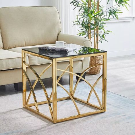 Table d'appoint cubique moderne JYMTOM - Verre trempé de 8 mm et acier inoxydable plaqué or - Cadre doré - Design élégant, table d'appoint polyvalente pour salon/chambre/bureau - Style minimaliste de (1/5)