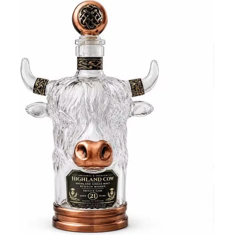 Carafe à whisky en verre fantaisie en forme de vache des Highlands avec bouchon, design vintage de taureau, cadeau de collection unique (1/5)