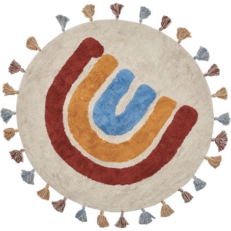 Alfombra de algodón beige claro naranja azul marrón 120 cm arco iris borlas Yagci