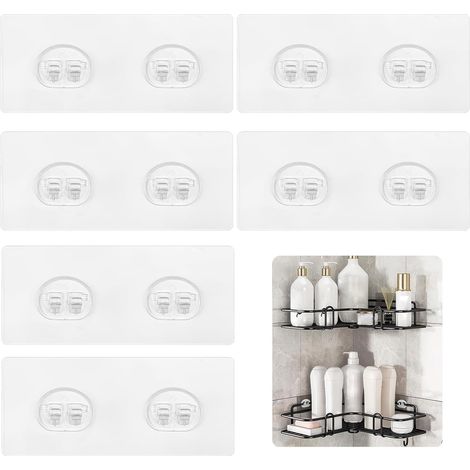 6 Crochet Adhésif - Accessoire Étagère Douche - Support Panier Salle De Bain - Fixation Sans Perçage Imperméable Pour Cuisine Et Lavanderie - Transparent - 6x14cm (1/5)
