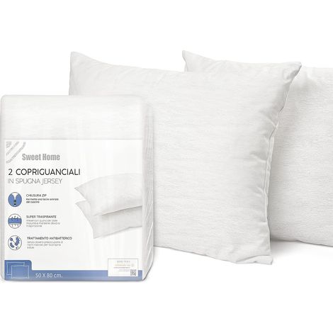 Taie Oreiller 50x80 cm, Lot de 2 en Jersey et Coton Antibactérien, Housse de Coussin Lavable et Respirant Certifié OekoTex, Taies d'Oreillers Pratiques avec Fermeture à Glissière, Blanc (1/5)