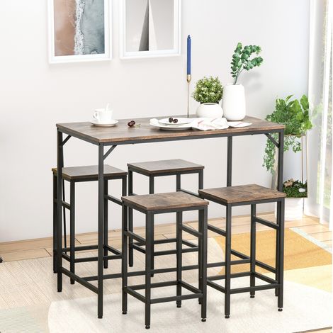 Mesa alta de bar con 4 taburetes, 100x60x88 cm, estilo industrial, estructura de acero, marrón (1/5)