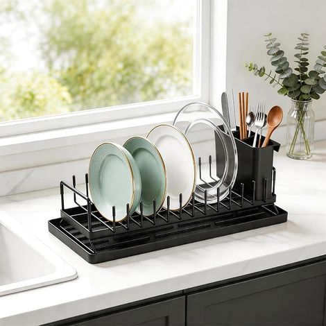 Small Compact Dish Drainer for Kitchen Counter - Stainless Steel Dish Drainer with Silicone Mat and Cutlery Holder, Space Saving for Kitchen, Studio and RV (1/5)