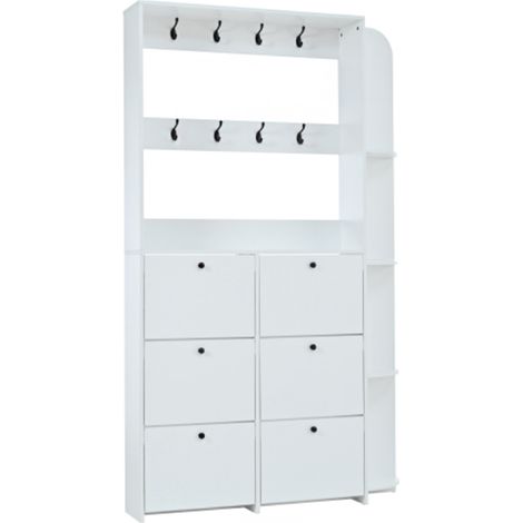 120 x 24 x 200 cm, porte-manteau pour l'entrée, meuble à chaussures multifonctionnel 3 en 1, porte à charnières, 8 crochets, armoire compacte, meuble de salon avec 5 étagères, blanc