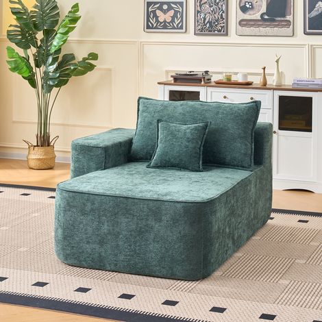 Chaise longue verte sans montage canapé confortable moelleux coussins poches latérales