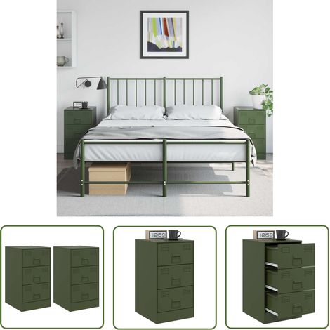 The Living Store Tables de chevet 2 pcs vert olive 34,5x39x62 cm acier - Table De Chevet - Meuble De Chambre - Commode - Tiroir - Design Moderne (1/5)