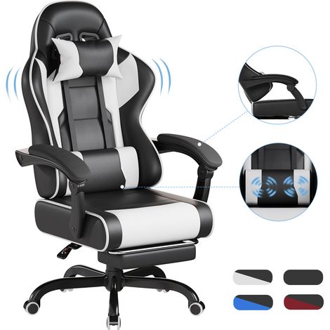 Fauteuil gaming DEVOKO - Fauteuil gaming ergonomique inclinable - Avec repose-pieds rétractable - Hauteur réglable - Appuie-tête, soutien lombaire, capacité de charge de 150 kg, blanc (1/5)