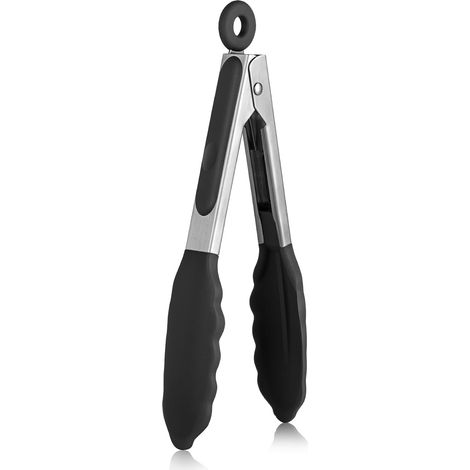 18 cm 315 ℃ Pince de cuisine en silicone résistant à la chaleur avec embouts en caoutchouc antiadhésif hermétiquement scellés et poignée en acier revêtue de silicone pour servir (Noir) (1/5)